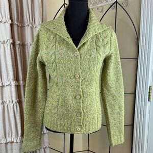 L.L. Bean Green Cable Knit Cardigan Wool Blend Sweater Size XS